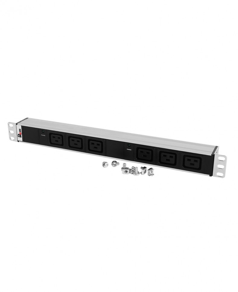 Блок розеток Rem-32 с инд., 6 IEC 60320 C19, 32 А, алюм., 19", колодка