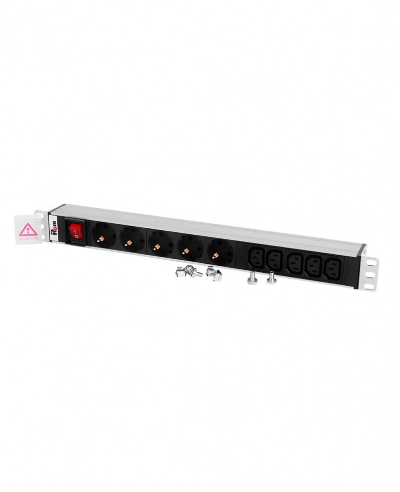 Блок розеток Rem-10 без шнура с выкл., 5 Sсhuko, 5 IEC 60320 C13, вход IEC 60320 C14, 10 A, алюм., 19"