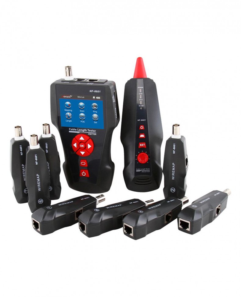 Тестер для витой пары NF-8601W трассоискатель, PING, PoE, RJ-45/RJ-11/BNC, LCD дисплей, измерение длины, 8 адаптеров