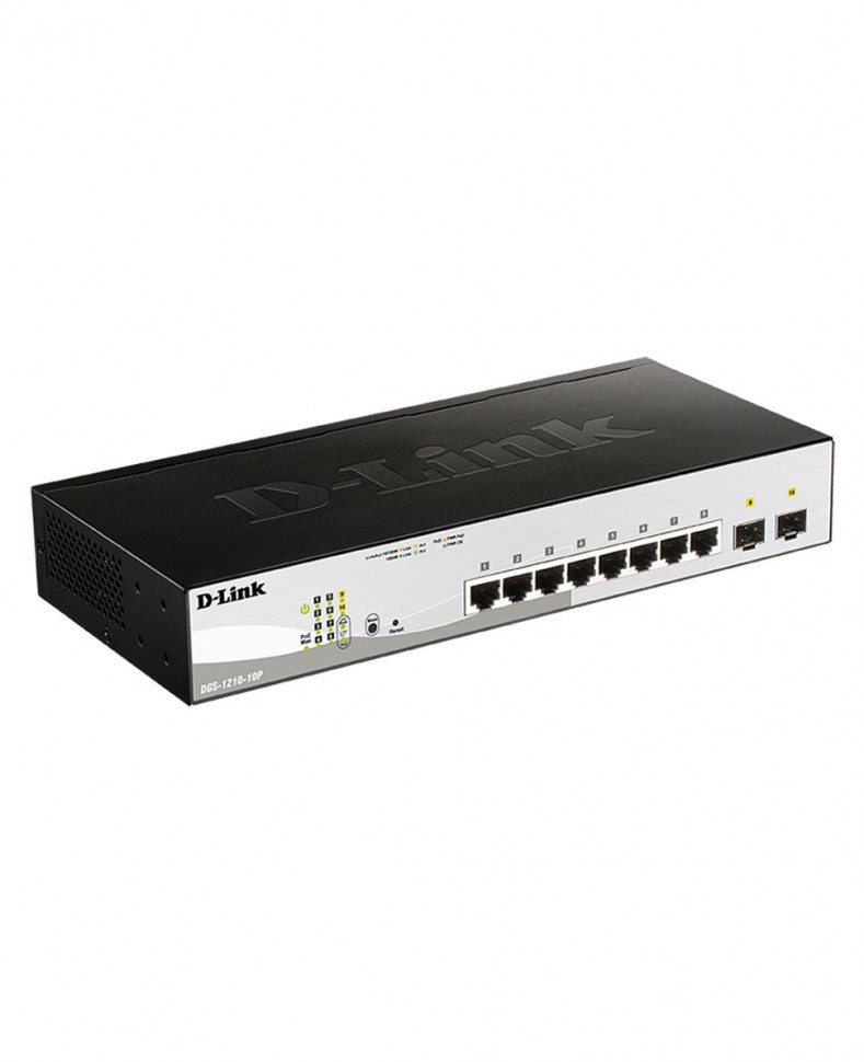 Коммутатор гигабитный управляемый D-Link DGS-1210-10P с 8 портами 10/100/1000Base-T с поддержкой PoE и 2 портами 1000Base-X SFP