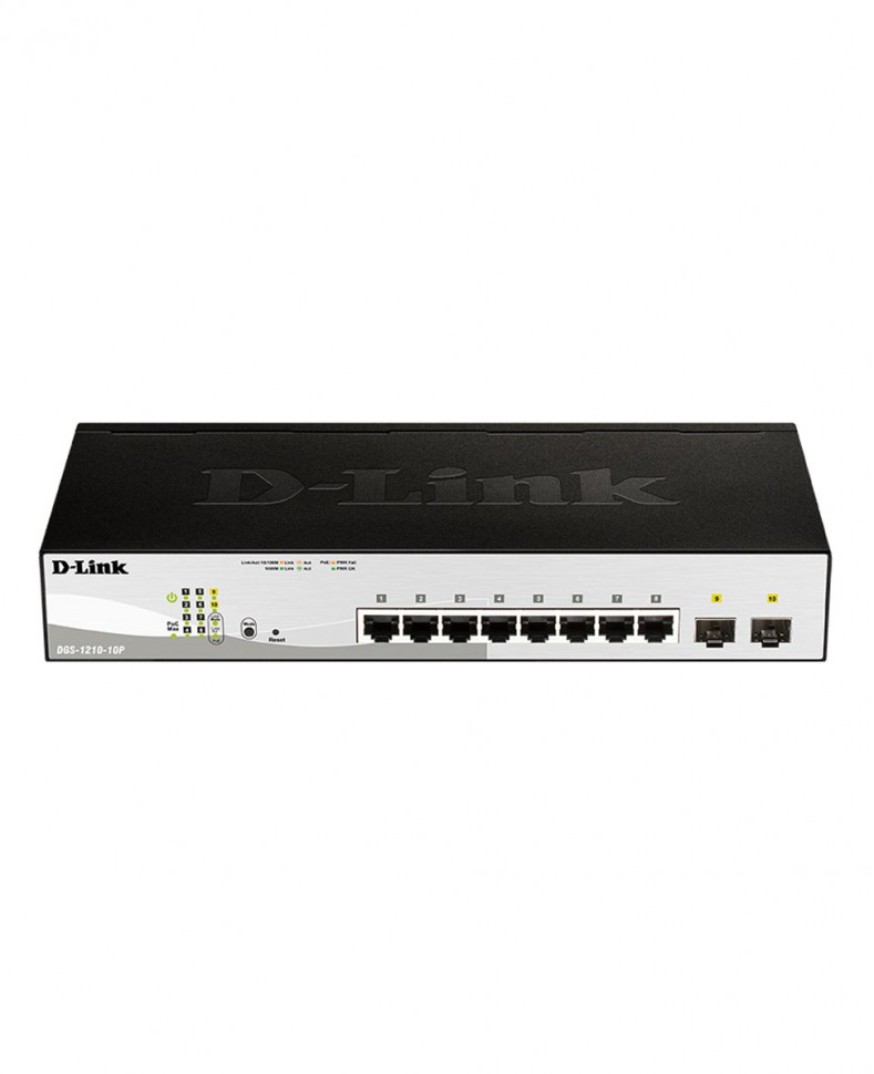 Коммутатор гигабитный управляемый D-Link DGS-1210-10P с 8 портами 10/100/1000Base-T с поддержкой PoE и 2 портами 1000Base-X SFP