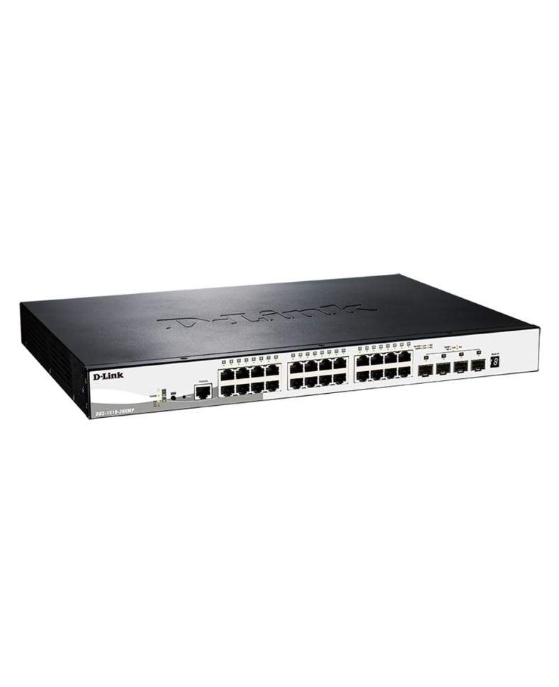 Коммутатор гигабитный управляемый D-Link DGS-1510-28XMP с 24 портами 10/100/1000Base-T с поддержкой РоЕ и 4 портами 10G Base-X SFP+