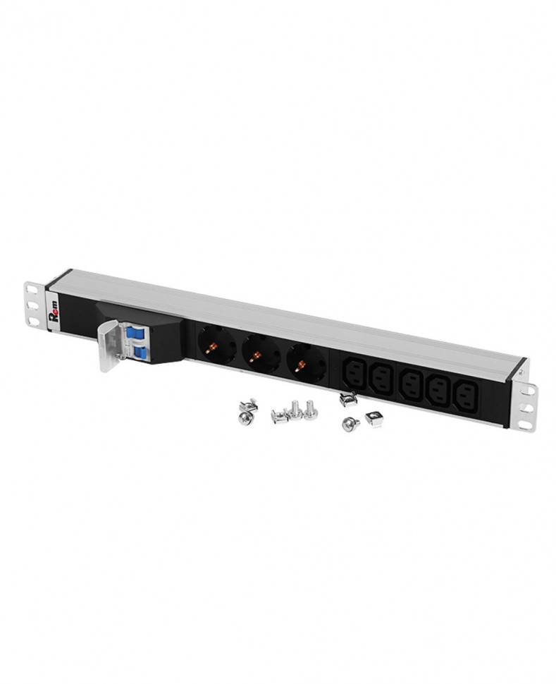 Блок розеток Rem-32 с авт., 3 Sсhuko, 5 IEC 60320 C13, 32 А, алюм., 19", колодка