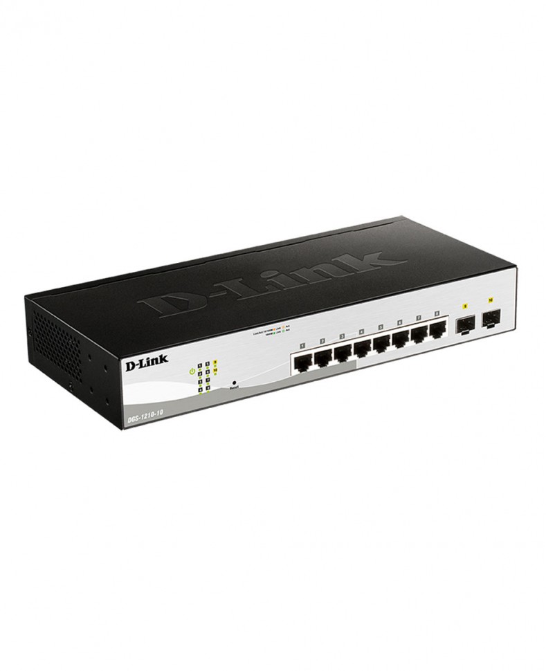 Коммутатор гигабитный управляемый D-Link DGS-1210-10 с 8 портами 10/100/1000Base-T и 2 портами 1000Base-X SFP