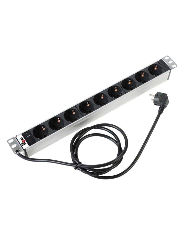 Блок розеток Rem-16 с инд., 9 Schuko, 16 A, алюм., 19", шнур 3 м
