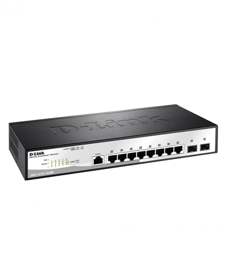 Коммутатор гигабитный управляемый D-Link DGS-1210-10/ME с 8 портами 10/100/1000Base-T и 2 портами 1000Base-X SFP