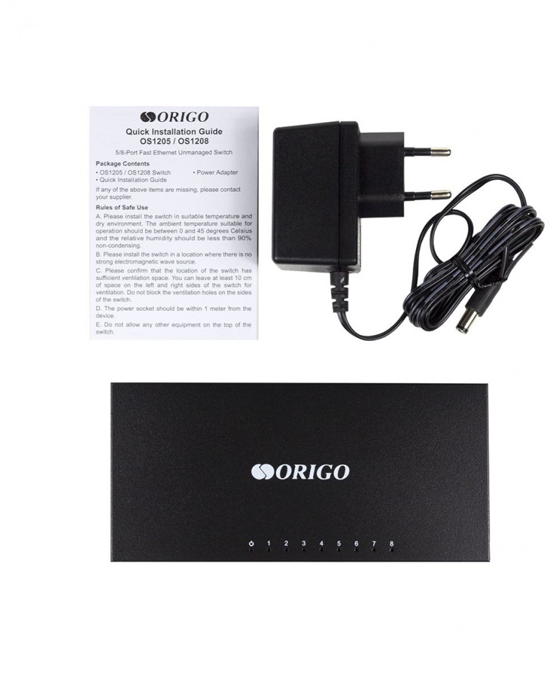 Коммутатор неуправляемый ORIGO OS1208/A1A с 8 портами 10/100BASE-T металлический корпус