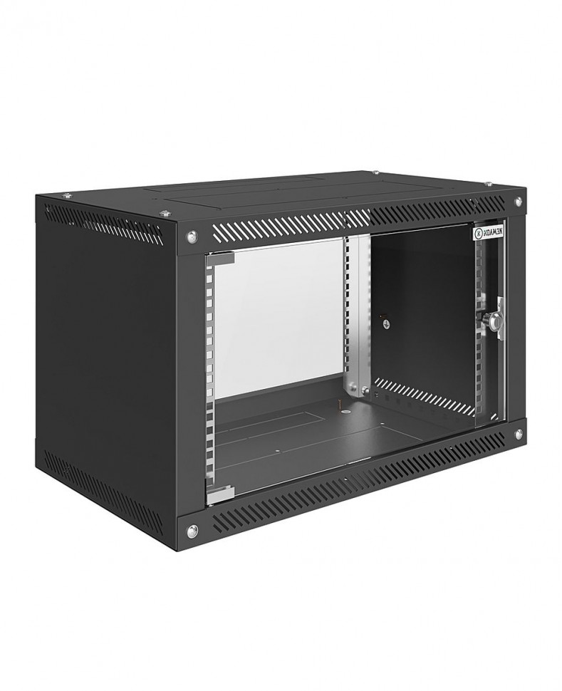 Шкаф настенный 19", 6U, 600x350x370мм, стеклянная дверь, разборный, черный