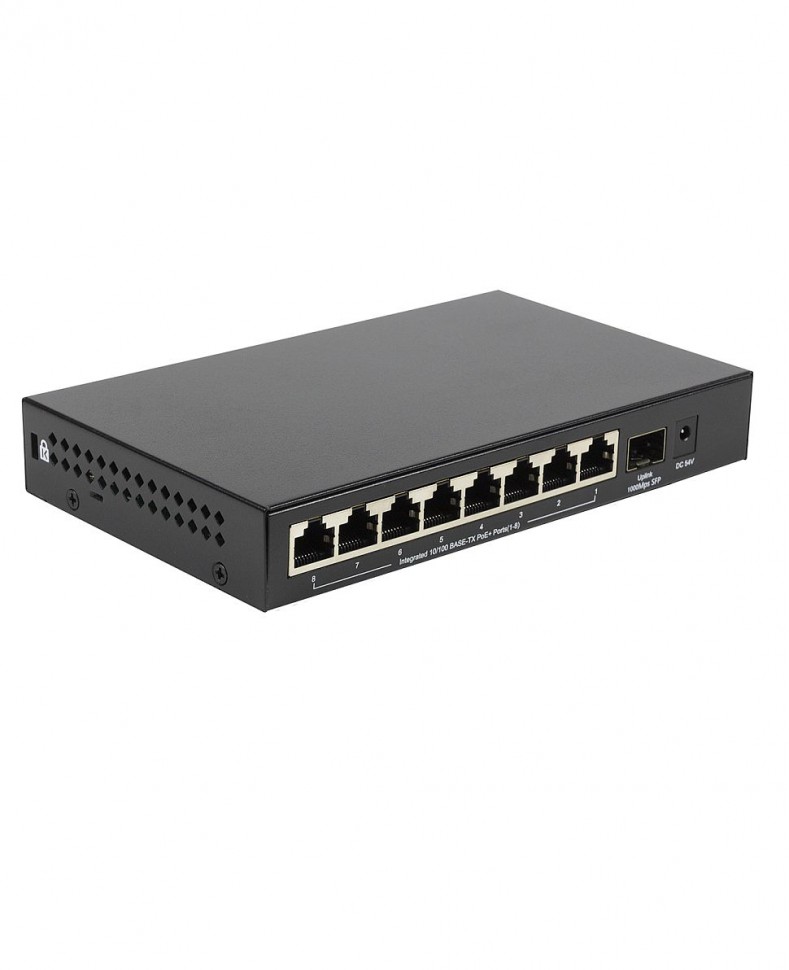 Коммутатор неуправляемый ORIGO OS1209P/80W/A1A с 8 портами 10/100Base-TX PoE+ и 1 портом 1000Base-X SFP, PoE-бюджет 80 Вт, корпус металл