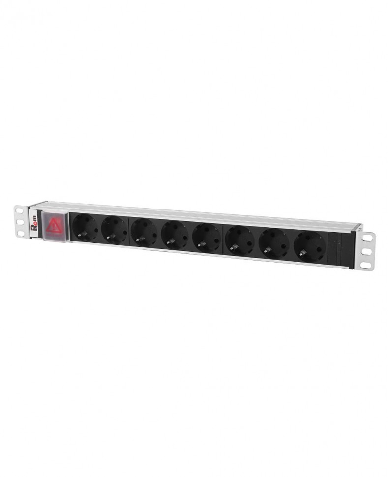 Блок розеток Rem-10 без шнура с выкл., 8 Sсhuko, вход IEC 60320 C14, 10 A, алюм., 19"