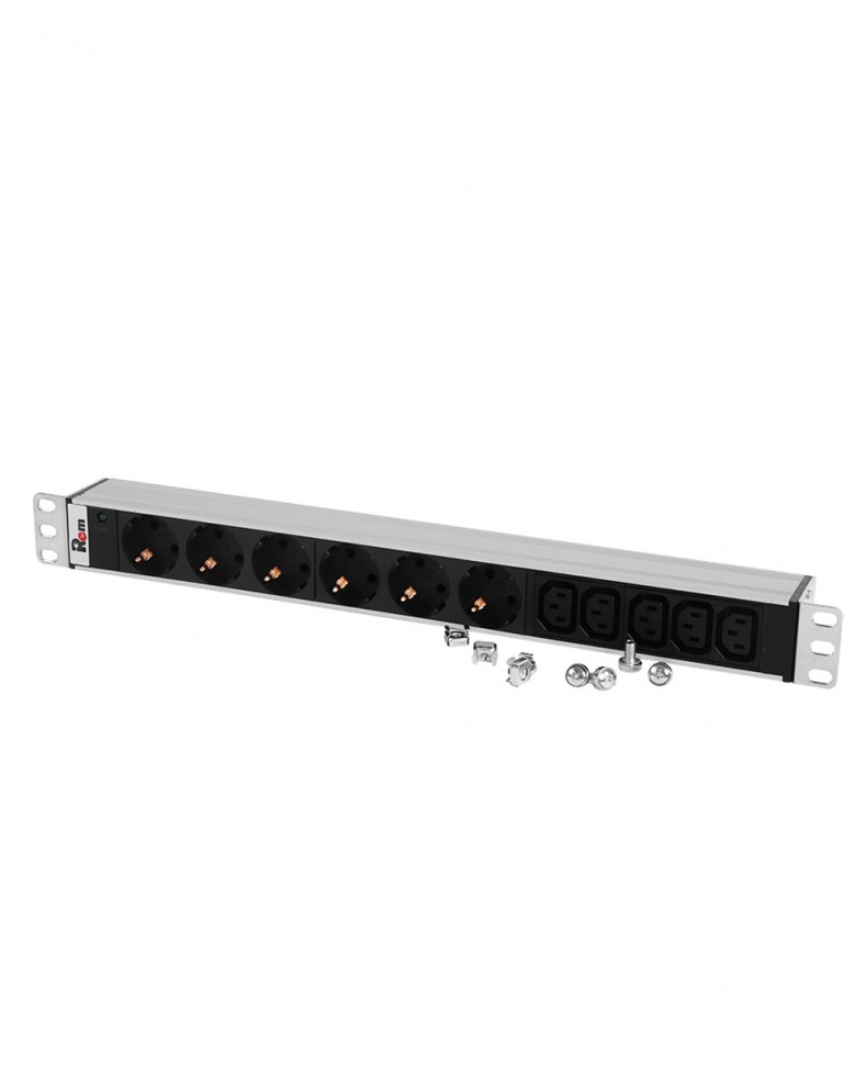 Блок розеток Rem-10 без шнура с инд., 6 Sсhuko, 5 IEC 60320 C13, вход IEC 60320 C14, 10 A, алюм., 19" Блок розеток Rem-10 без шнура с инд., 6 Sсhuko, 5 IEC 60320 C13, вход IEC 60320 C14, 10 A, алюм., 19"
