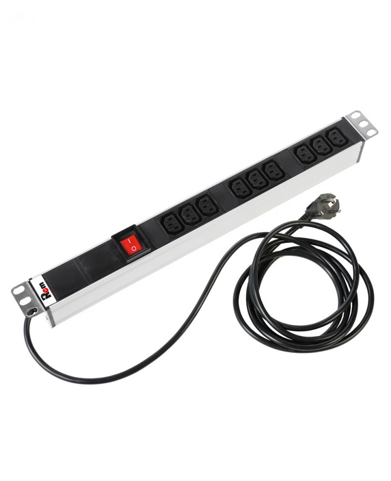 Блок розеток Rem-16 с выкл., 9 IEC 60320 C13, 16 A, алюм., 19", шнур 3 м