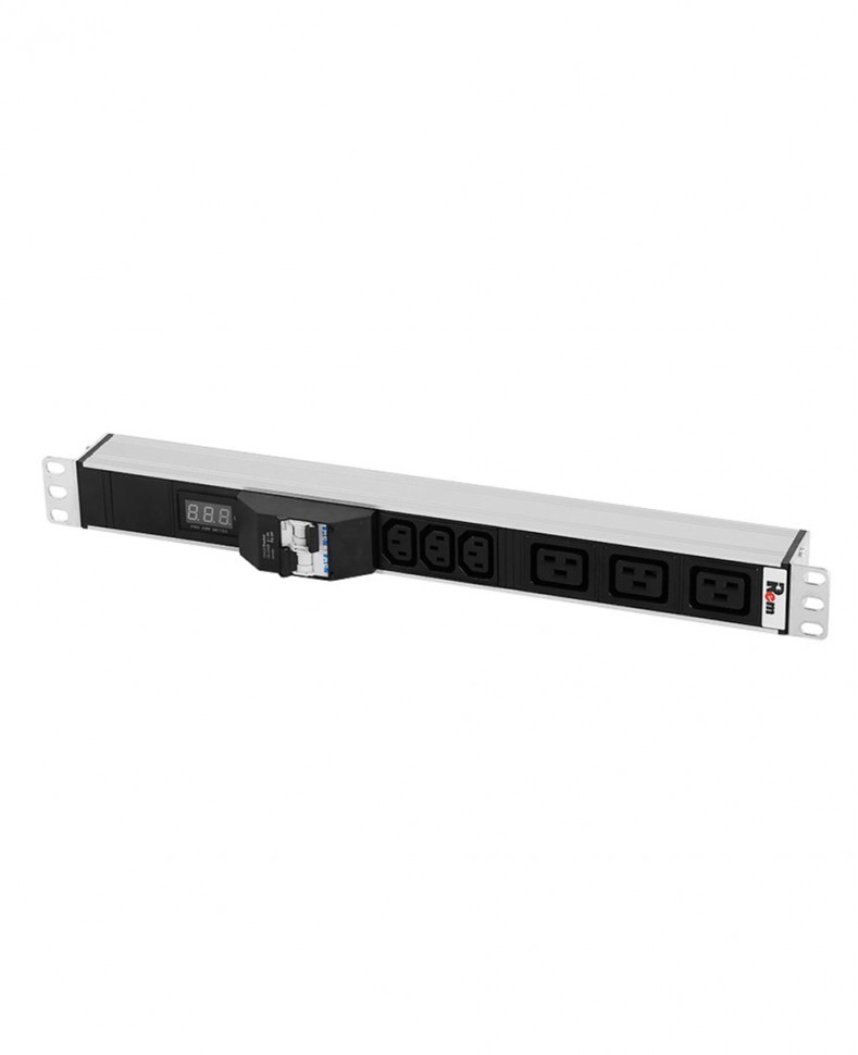 Блок розеток Rem-32 с авт., и амп., 3 IEC 60320 C13, 3 IEC 60320 C19, 32 А, алюм., 19", колодка