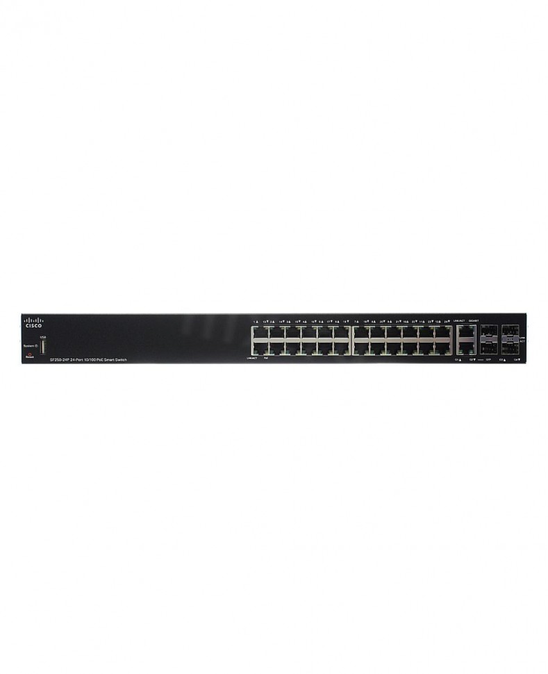 Коммутатор управляемый Cisco SF250-24P с 24 портами 10/100Base-T PoE+, 2 комбо-портами 100/1000Base-T/SFP, 2 портами 1000Base-X SFP