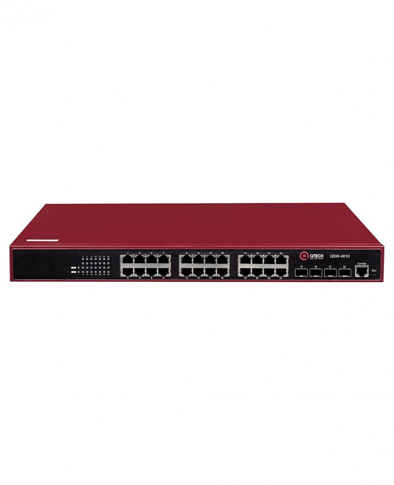 Коммутатор гигабитный управляемый QTech QSW-3750-28T-POE-AC с 24 портами 10/100/1000Base-T с поддержкой PoE и 4 портами 100/1000BASE-X SFP
