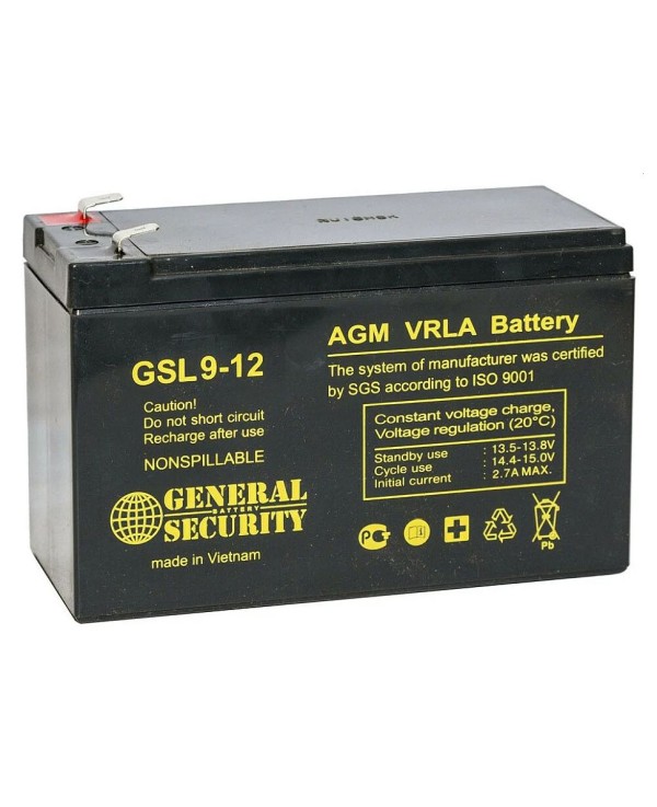Аккумулятор General Security GSL 9-12 (Аккумуляторная батарея для ИБП 12 В, 9 Ач, 65х151х100 мм)