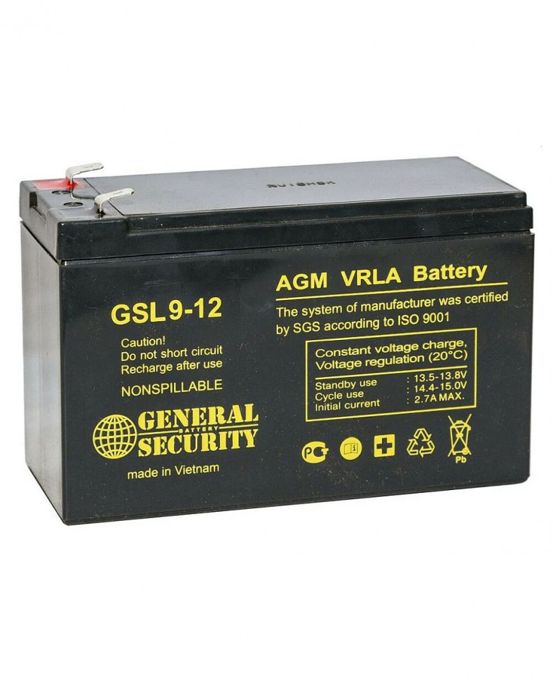 Аккумулятор General Security GSL 9-12 (Аккумуляторная батарея для ИБП 12 В, 9 Ач, 65х151х100 мм)