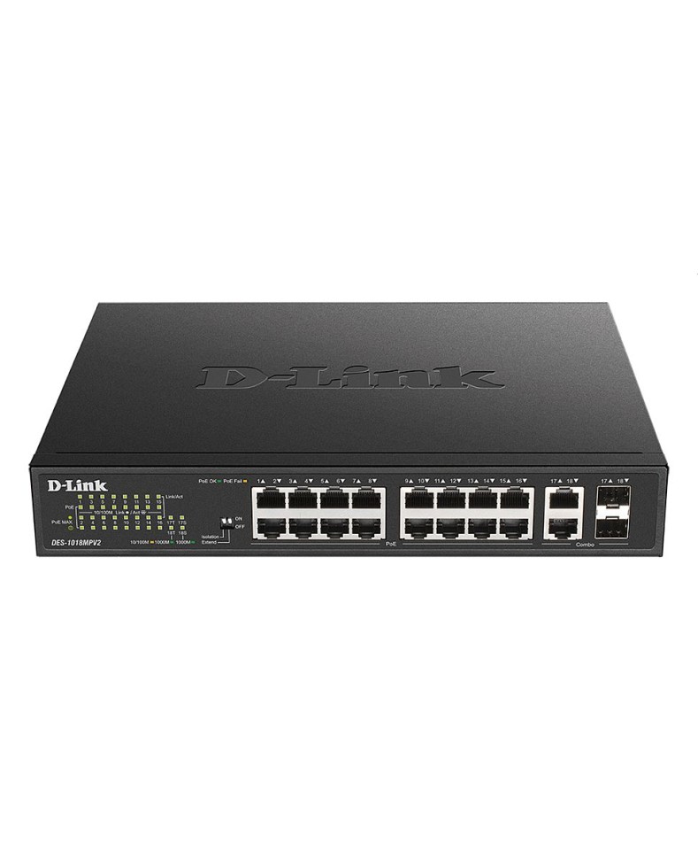 Коммутатор неуправляемый D-Link DES-1018MPV2 с 16 портами 10/100BASE-TX с поддержкой PoE, 2 комбо-портами 10/100/1000BASE-T/SFP
