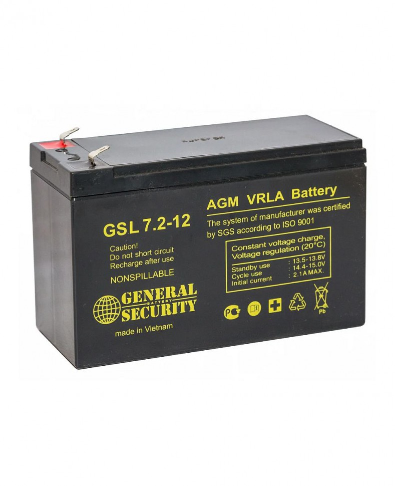 Аккумулятор General Security GSL 7,2-12 (Аккумуляторная батарея для ИБП 12 В, 7,2 Ач, 65х151х100мм)