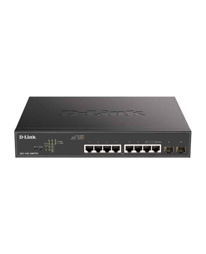Коммутатор гигабитный управляемый D-Link DGS-1100-10MPPV2 с 8 портами 10/100/1000Base-T и 2 портами 100/1000Base-X SFP (порты 1-8 PoE 802.3af/at, порты 7-8 PoE 802.3bt, PoE-бюджет 242 Вт)