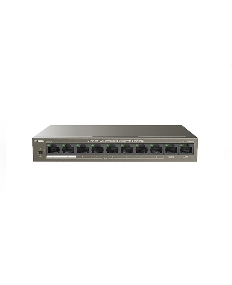 IP-COM F1110P-8-63W Коммутатор неуправляемый PoE, 10 портов, 10x100 Мбит/с, PoE 8х30 Вт, 2хUplink, настольный