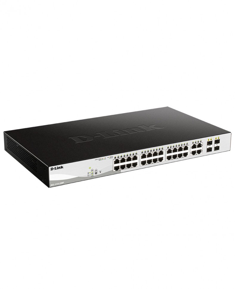Коммутатор гигабитный управляемый D-Link DGS-1210-28MP с 24 портами 10/100/1000Base-T и 4 комбо-портами 100/1000Base-T/SFP (24 порта PoE 802.3af/at, PoE-бюджет 370 Вт)