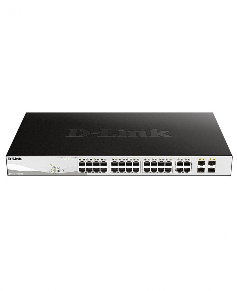Коммутатор гигабитный управляемый D-Link DGS-1210-28MP с 24 портами 10/100/1000Base-T и 4 комбо-портами 100/1000Base-T/SFP (24 порта PoE 802.3af/at, PoE-бюджет 370 Вт)