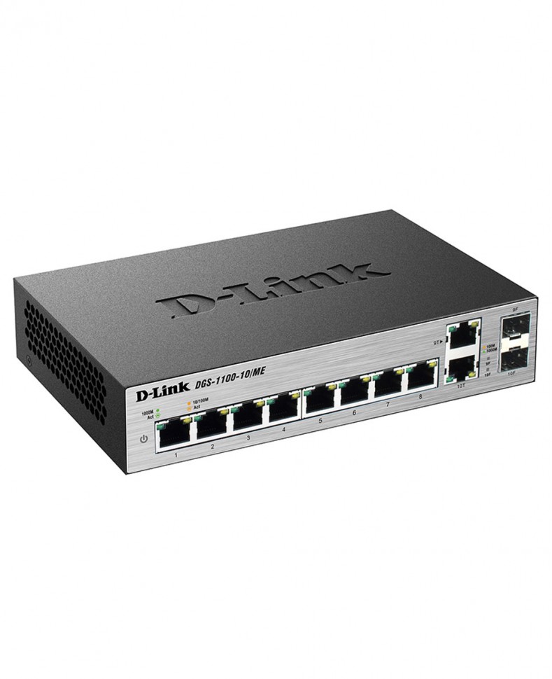 Коммутатор гигабитный управляемый D-Link DGS-1100-10/ME с 8 портами 10/100/1000Base-T и 2 комбо-портами 100/1000Base-T/SFP
