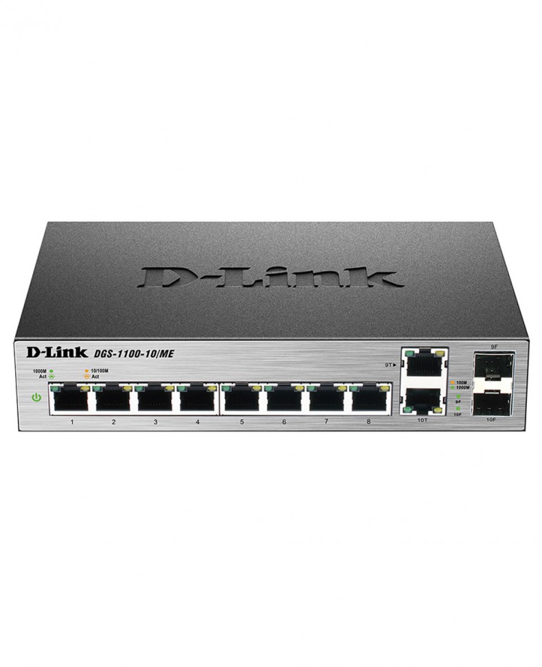 Коммутатор гигабитный управляемый D-Link DGS-1100-10/ME с 8 портами 10/100/1000Base-T и 2 комбо-портами 100/1000Base-T/SFP