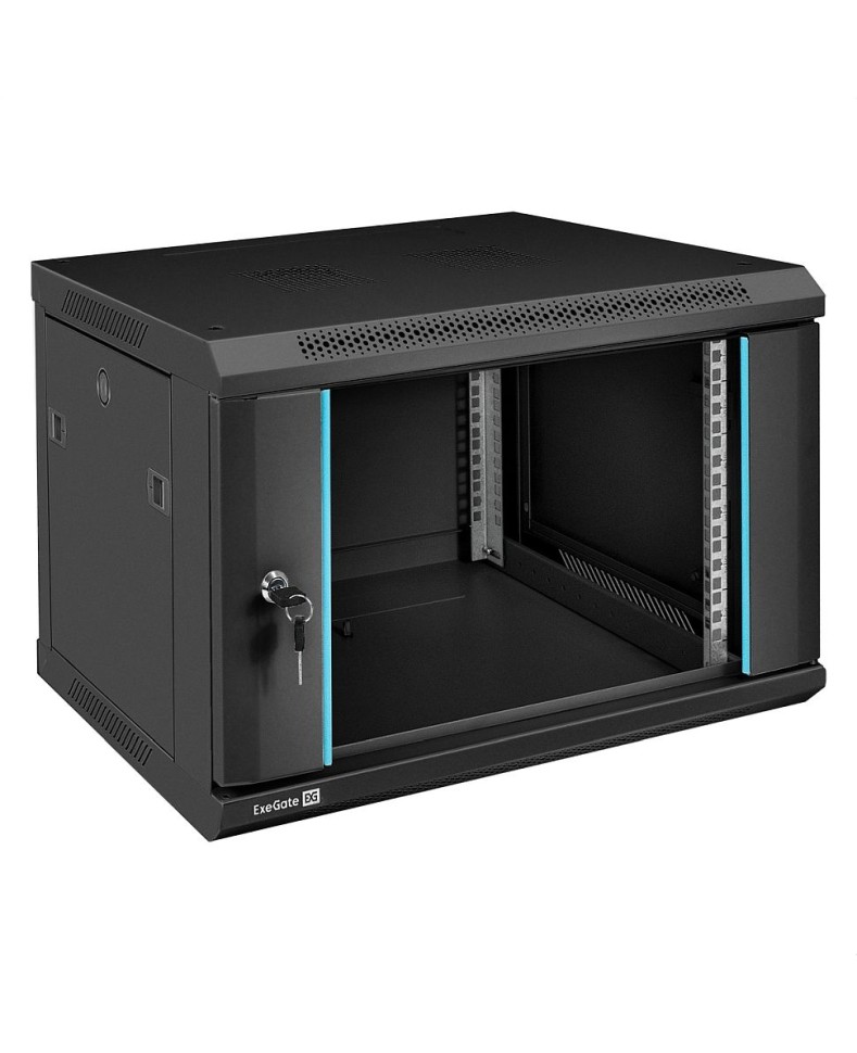 Шкаф настенный 19", 6U, 600x450x370мм, стеклянная дверь, разборный, черный