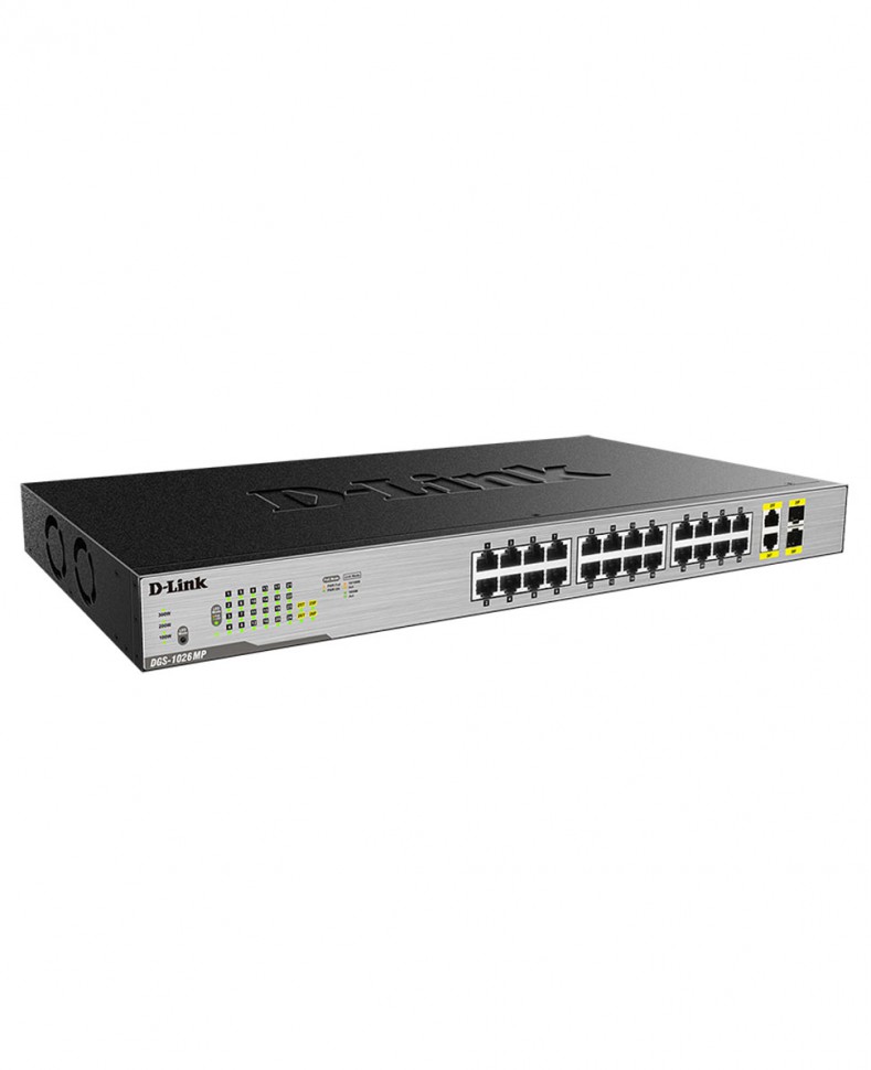 Коммутатор гигабитный неуправляемый D-Link DGS-1026MP с 24 портами 10/100/1000Base-T с поддержкой PoE 802.3af/802.3at и 2 комбо-портами 100/1000Base-T