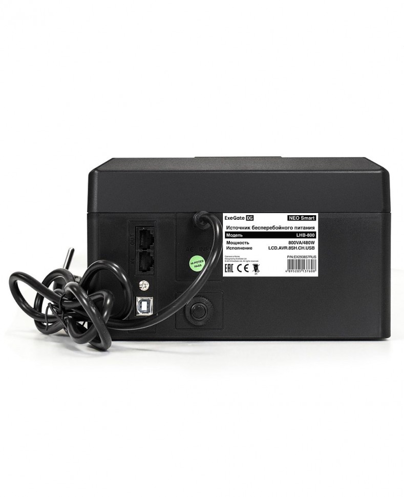 ИБП ExeGate NEO Smart LHB-800.LCD 800VA/480W, LCD, AVR, 8*Schuko, USB, 4*USB-порта для зарядки, черный