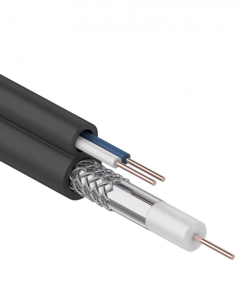 Кабель видеонаблюдения 3C-2V 75 Ом (СU, оплетка AL) + 2x0,5мм (CU), PE, черный