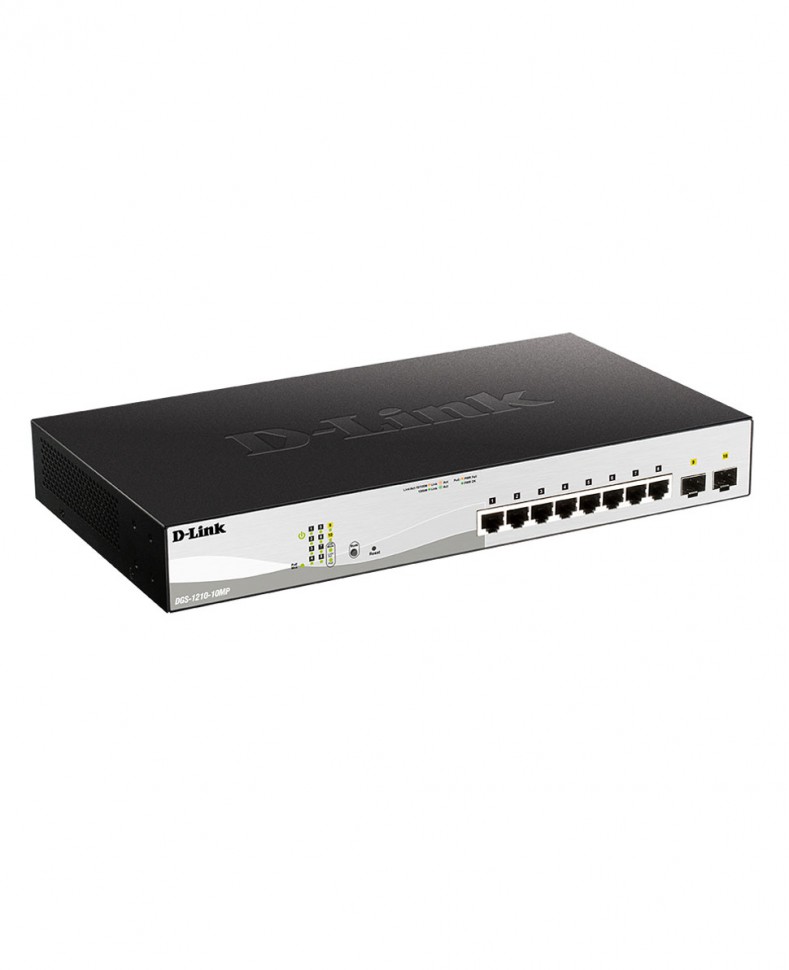Коммутатор гигабитный управляемый D-Link DGS-1210-10MP с 8 портами 10/100/1000Base-T с поддержкой PoE (802.3af/802.3at бюджет 130 Вт)  и 2 портами 100