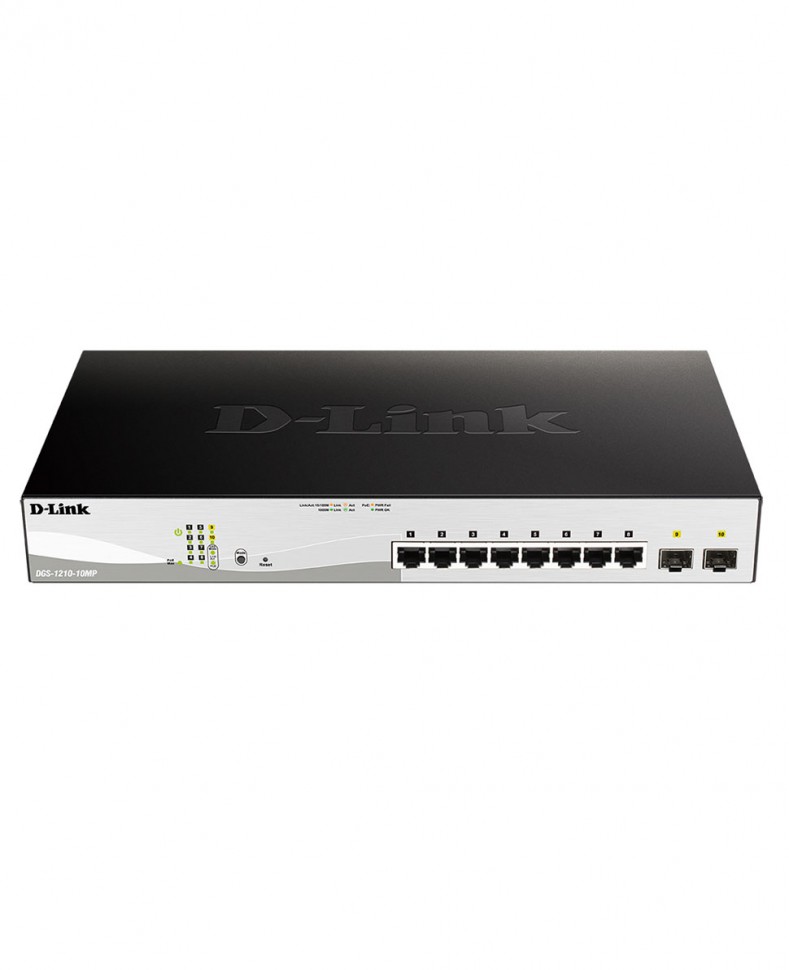 Коммутатор гигабитный управляемый D-Link DGS-1210-10MP с 8 портами 10/100/1000Base-T с поддержкой PoE (802.3af/802.3at бюджет 130 Вт)  и 2 портами 100