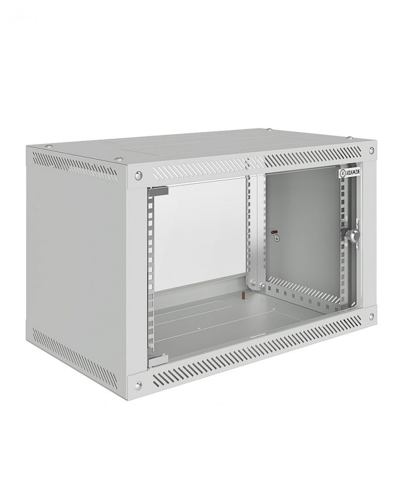 Шкаф настенный 19", 6U, 600x450x370мм, стеклянная дверь, разборный, серый