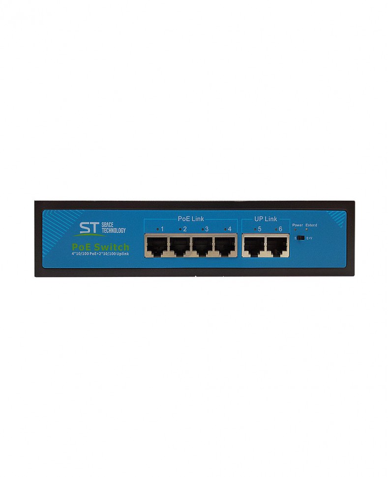 Коммутатор ST-S45POE (2М/65W/А) с 4 портами 10/100BASE-TX PoE+ и 2 портами 10/100Base-TX, PoE-бюджет 65 Вт, корпус металл