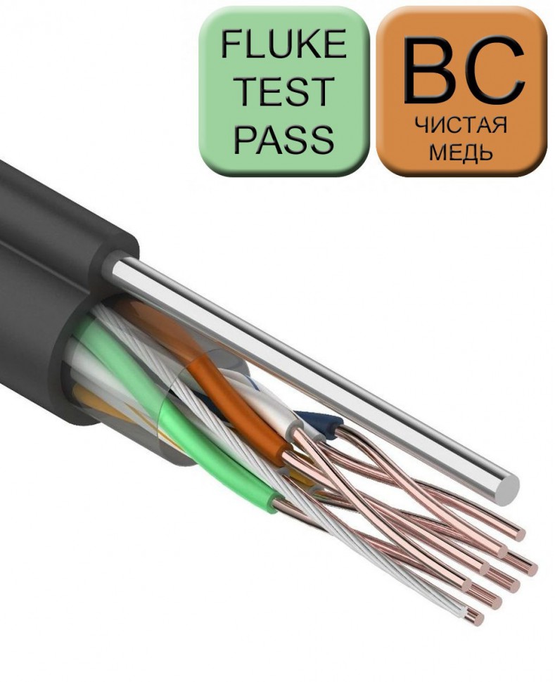 Кабель NETLAN U/UTP витая пара категории 5e, 4 пары, 25AWG, BC (чистая медь), внешний PE до -40C°, черный, с одножильным тросом