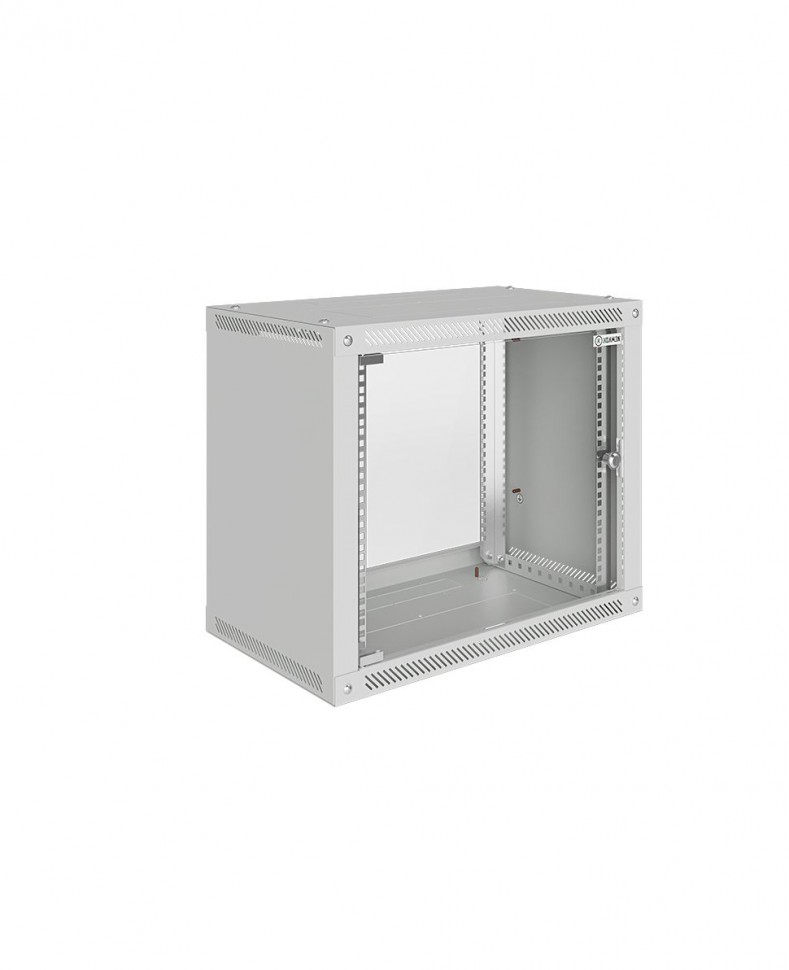 Шкаф настенный 19", 9U, 600x450x505мм, стеклянная дверь, разборный, серый