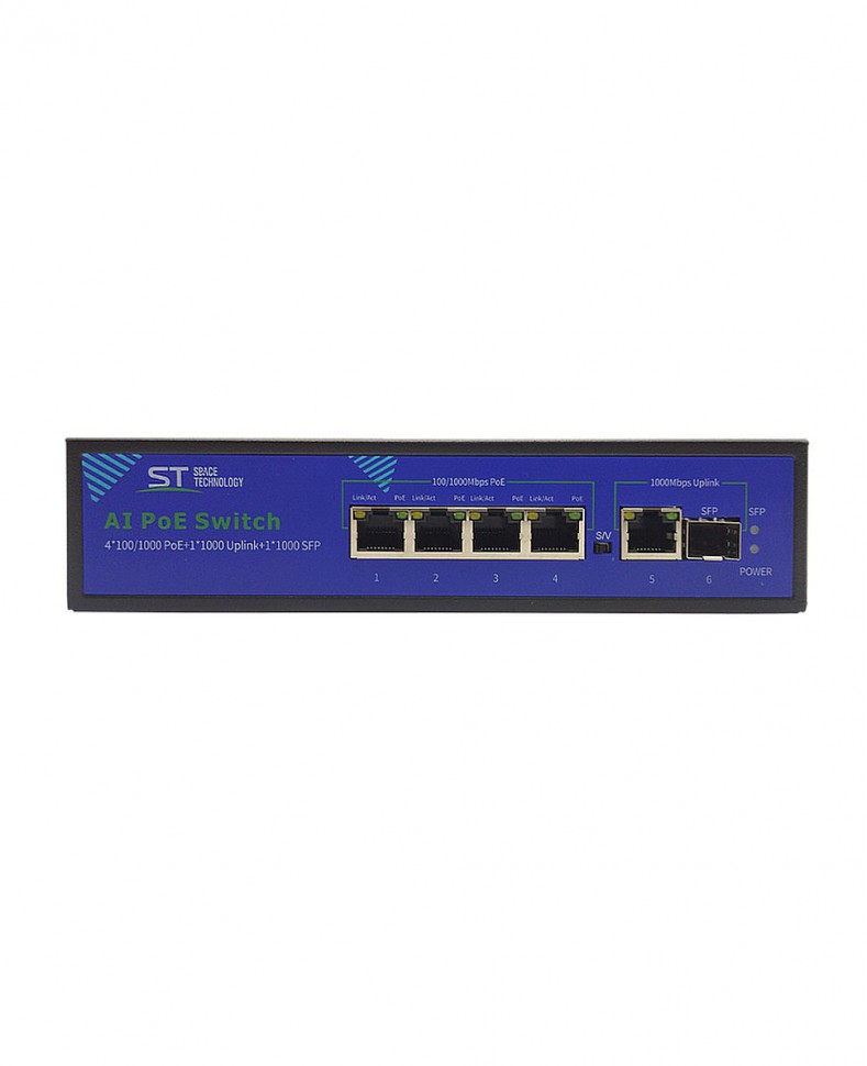 Коммутатор гигабитный ST-S42POE (4G/1G/1S/65W/A) с 4 портами 10/100/1000BASE-TX PoE+, 1 портом 10/100/1000Base-TX и 1 портом 100/1000Base-X SFP, PoE-б