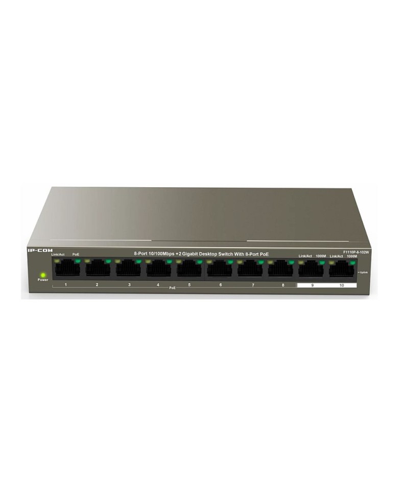 IP-COM F1110P-8-102W Коммутатор неуправляемый PoE, 8 портов PoE 10x100 Мбит/с, 2х1 Гбит/c Uplink, настольный