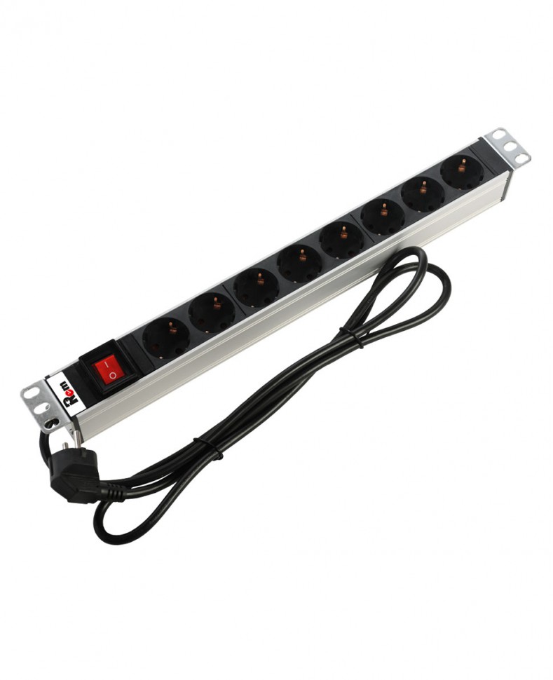 Блок розеток Rem-16 с выкл., 8 Schuko, 16 A, алюм., 19", шнур 3 м