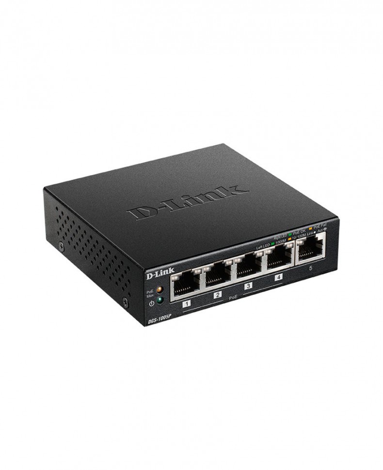 Коммутатор гигабитный неуправляемый D-Link DGS-1005P с 5 портами 10/100/1000Base-T, (4 порта с поддержкой PoE 802.3af/802.3at (30 Вт), PoE бюджет 60 В