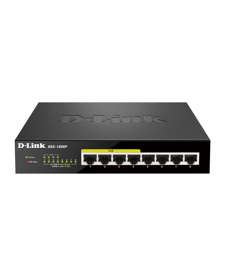 Коммутатор гигабитный неуправляемый D-Link DGS-1008P с 8 портами 10/100/1000Base-T (4 порта с поддержкой PoE 802.3af/802.3at (30 Вт), PoE бюджет 6