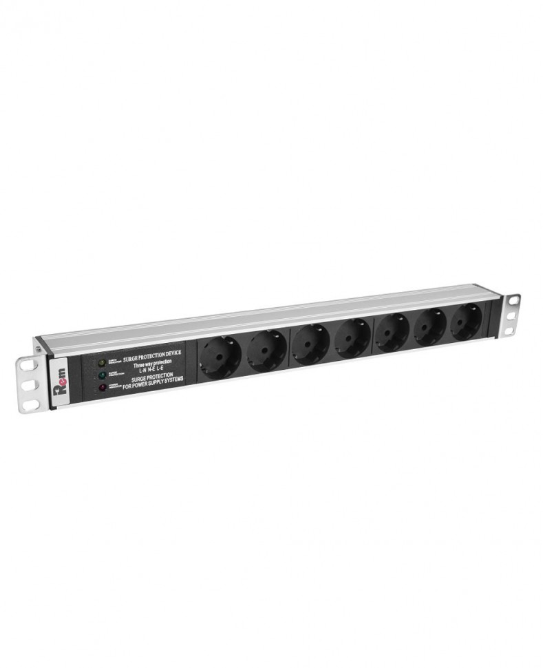 Блок розеток Rem-10 без шнура с фил. и инд., 7 Sсhuko, вход IEC 60320 C14, 10 A, алюм., 19"