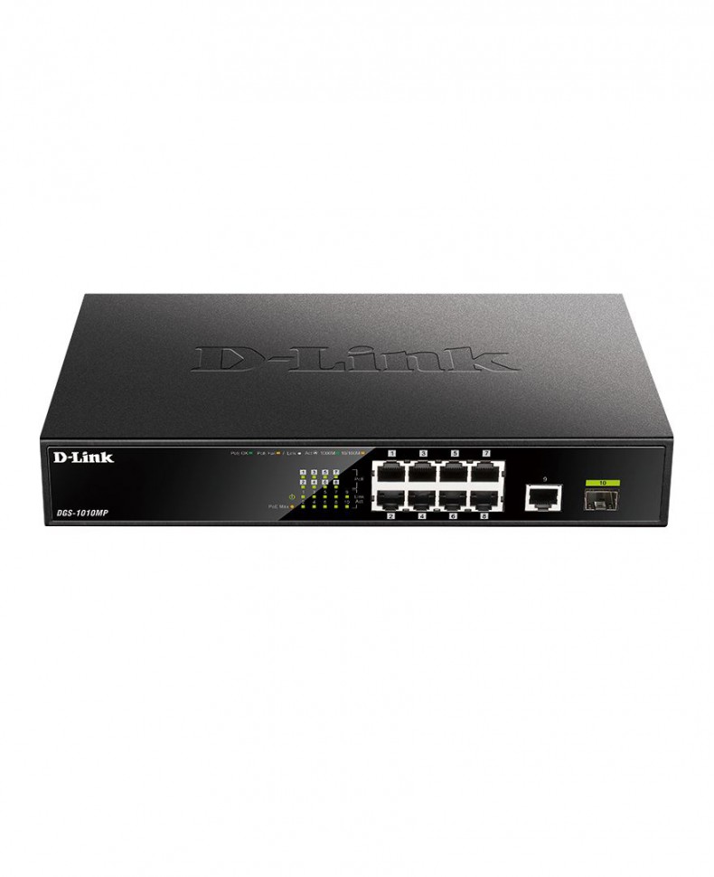 Коммутатор гигабитный неуправляемый D-Link DGS-1010MP с 9 портами 10/100/1000Base-T (8 с поддержкой PoE 802.3af/802.3at (30 Вт), 1 портом 1000Base-X S