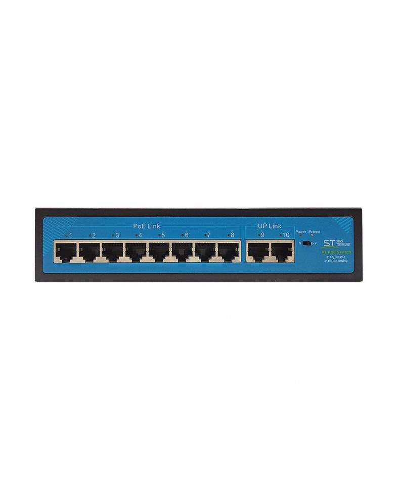 Коммутатор ST-S84POE (2M/96W/A) с 8 портами 10/100BASE-TX PoE+ и 2 портами 10/100Base-TX, PoE-бюджет 96 Вт, корпус металл