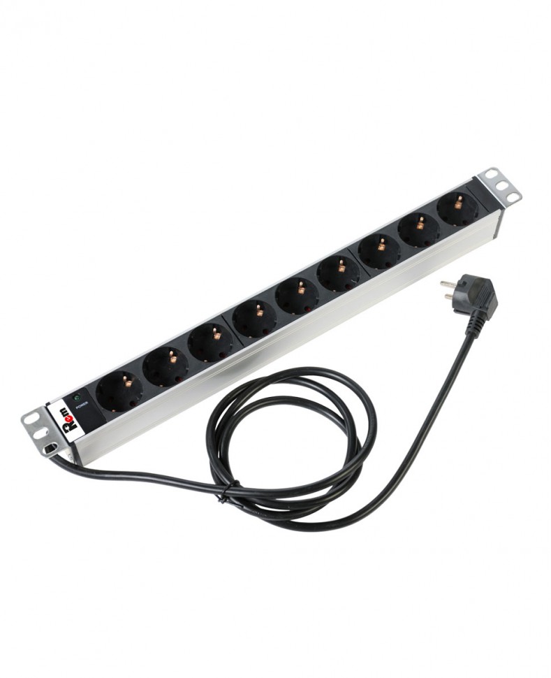 Блок розеток Rem-16 с инд., 9 Schuko, 16 A, алюм., 19", шнур 1,8 м