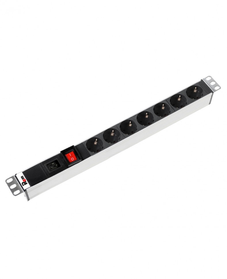 Блок розеток Rem-16 с выкл., 7 Schuko, вход IEC 60320 C20, 16 A, алюм., 19"