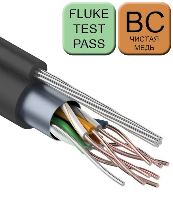 Кабель F/UTP (4x2x0,52) витая пара экранированный категории 5e, 4 пары, 24AWG, чистая медь, внешний (-40C° +60C°), PE, черный, с многожильным тросом